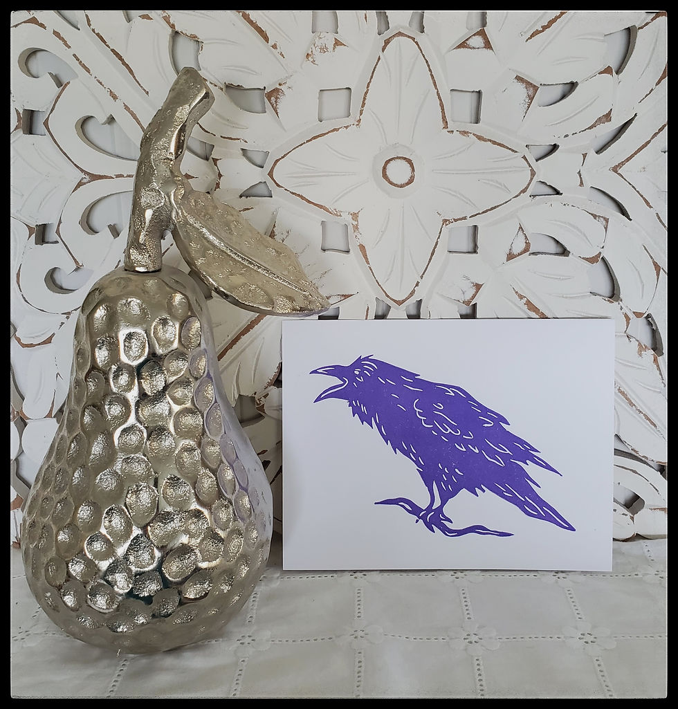 Thumbnail: Raven - Linocut Greeting Card - Purple