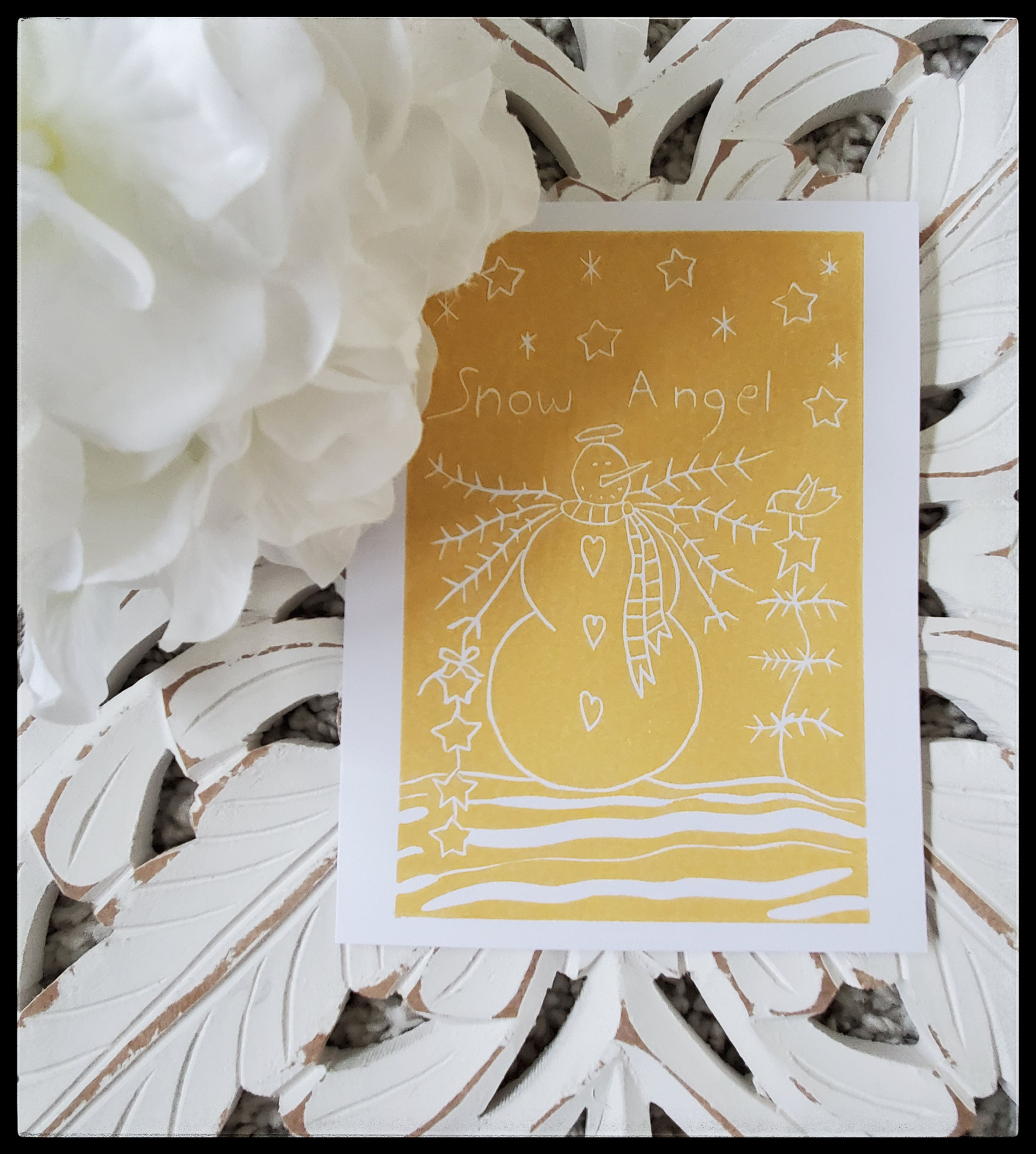 Snow Angel - Linocut Greeting Card - Harvest Yellow