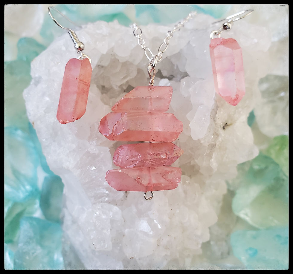 Thumbnail: Pink Rough Stone Stack - Pendant and Earrings - Set #3