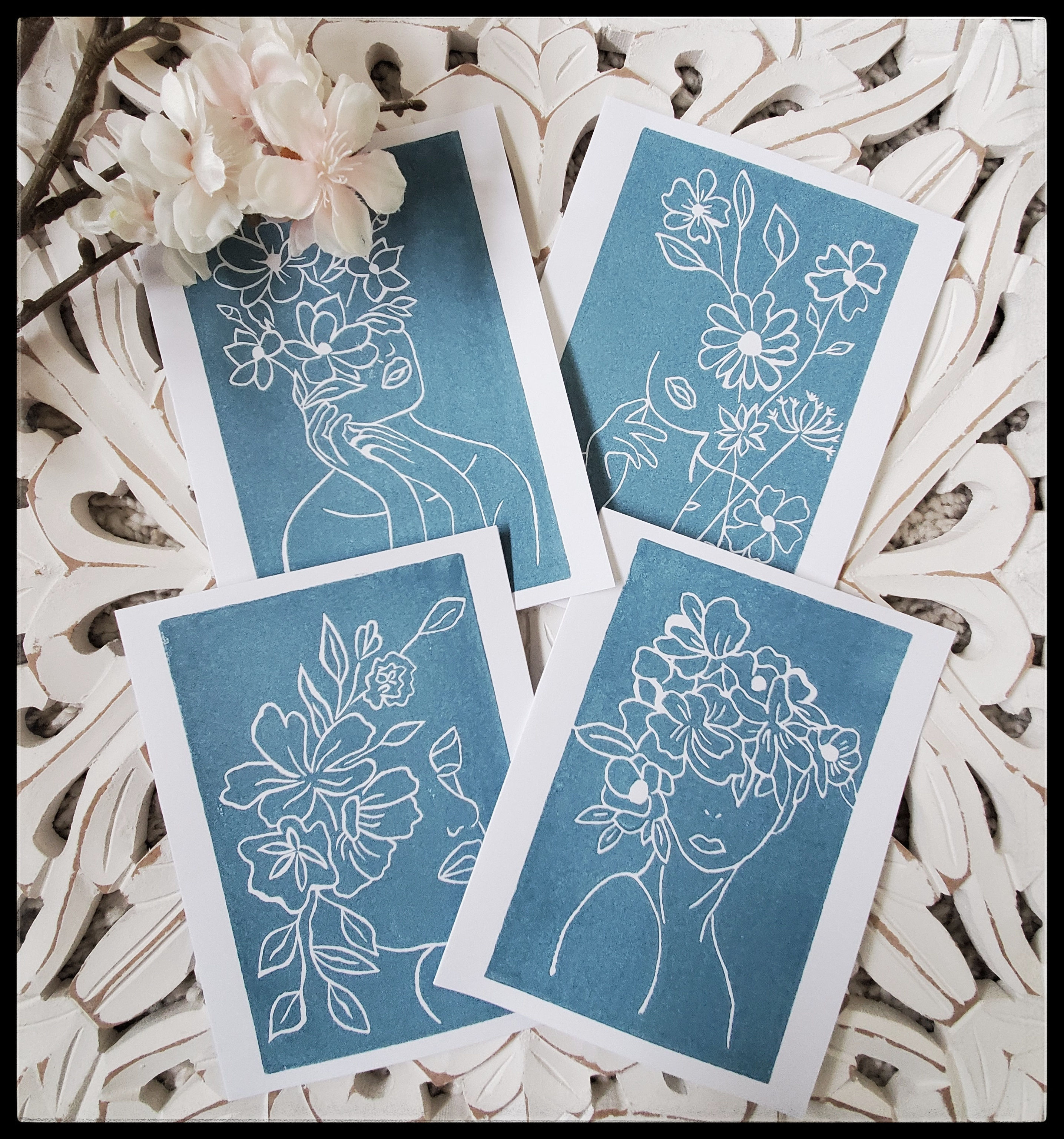 She Dreams in Flowers - Lino Cut Greeting Cards - Slate Blue