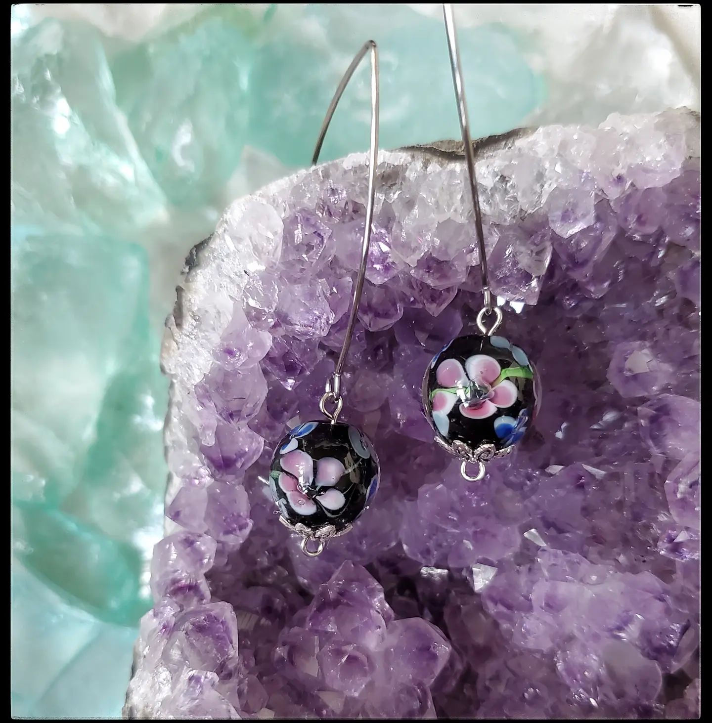 Black & Floral Glass Bead Pendant & Earrings