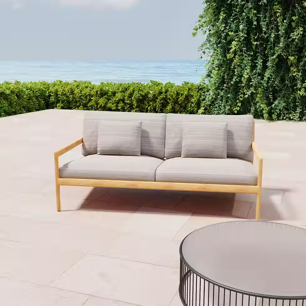 Thumbnail: poolside couch squabs and cushions made from Nimbin Sand outdoor fabric 