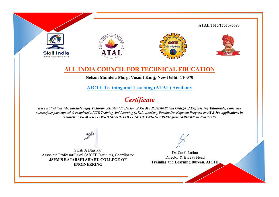 Certficate Vijay Barkade of ATAL FDP AI & Its Application in Reasearch (20-25 Jan 2025)