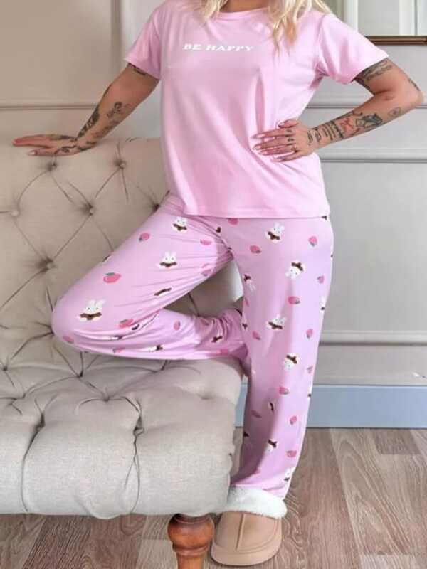 Tavşan Desenli Milan Kumaş Pijama Takımı