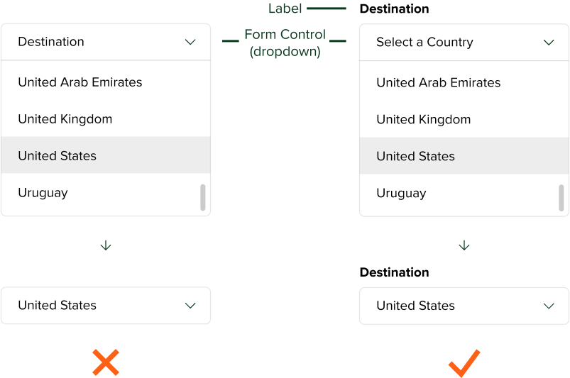 Two examples of dropdown with and without a label