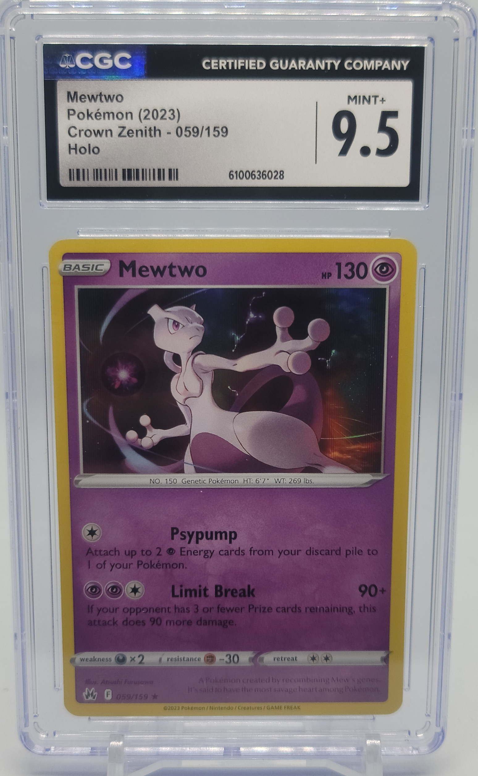 2023 Pokémon Sword and Shield Crown Zenith Mewtwo Holo CGC 9.5