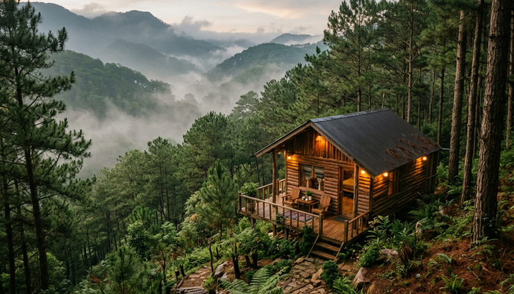 Góc rộng nhìn về căn homestay nhỏ giữa đồi thông buổi sớm