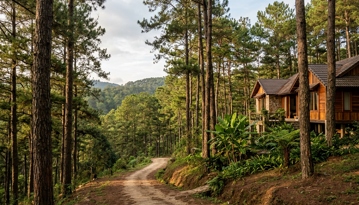 Góc rộng nhìn con đường nhỏ uốn qua hàng thông gần homestay