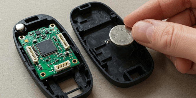 A hand replaces a button battery in a disassembled black car key fob, revealing a green circuit board inside.