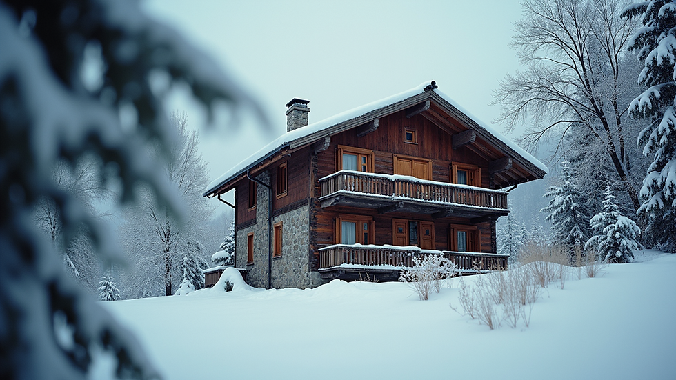 Snow-covered wooden chalet in a serene winter landscape, surrounded by frosted trees and a pale blue sky, evoking a tranquil mood.