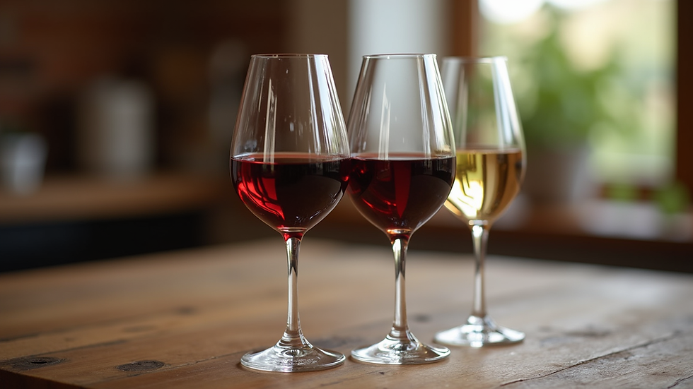 Close-up view of wine glasses filled with red and white wine on a rustic wooden table
