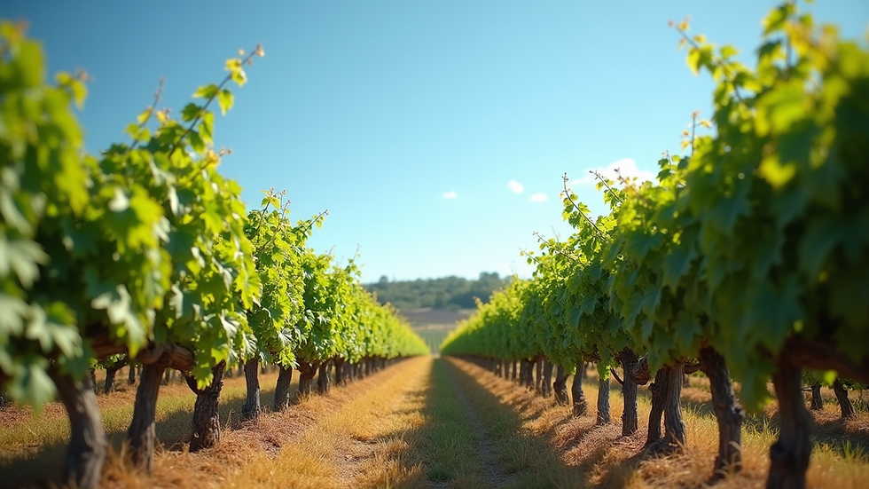 Eye-level view of a vineyard with rows of grapevines under a clear blue sky