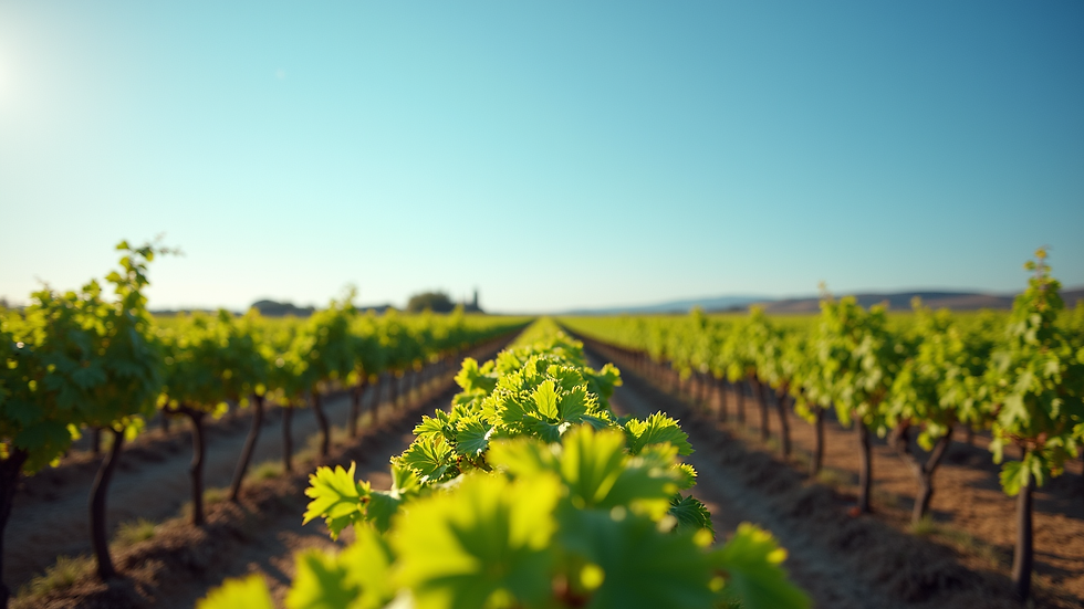 Eye-level view of vineyard rows stretching into the distance under a clear blue sky
