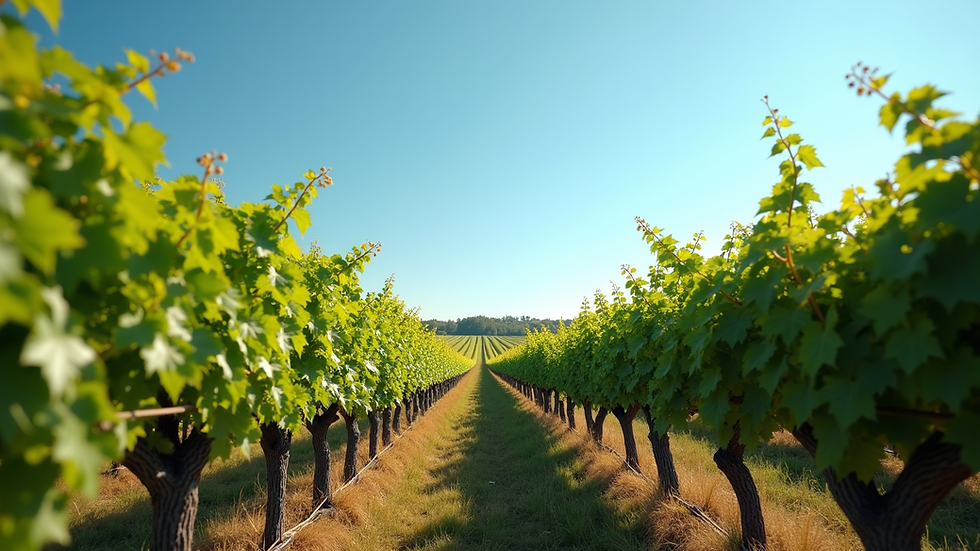 Eye-level view of vineyard rows stretching into the distance under a clear blue sky
