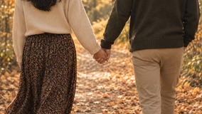Autumn hand in hand couple walking
