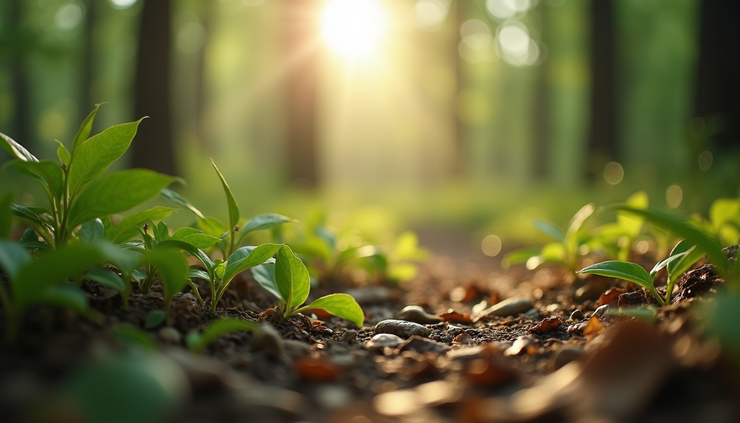 Close-up view of a calm forest floor with soft sunlight filtering through leaves