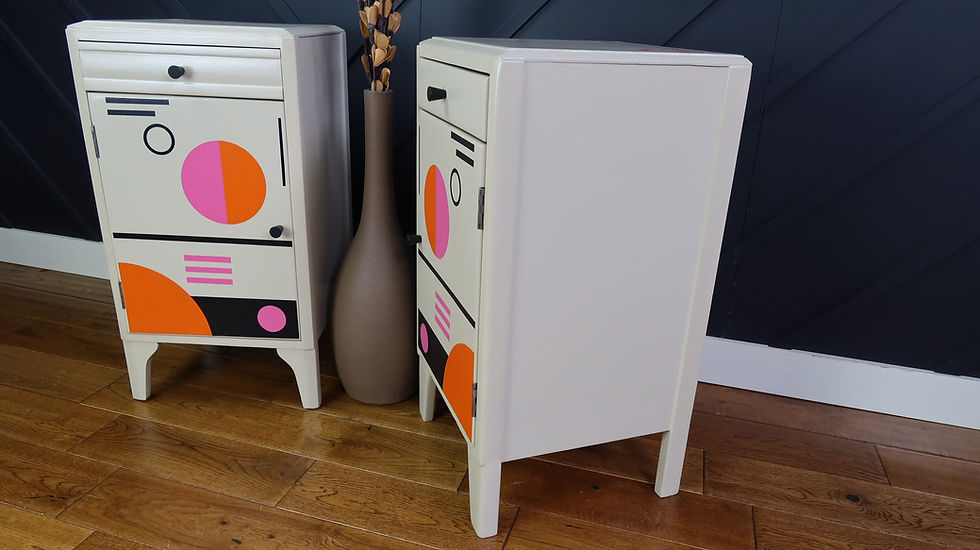 Thumbnail: Lebus Mid-Century Retro Pair of Bedside Cabinets With Abstract Geometric Design