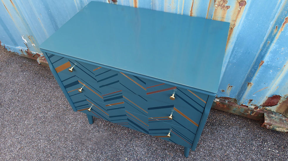 Thumbnail: Retro Mid-Century Chest of Drawers with Gold and Copper Geometric Design