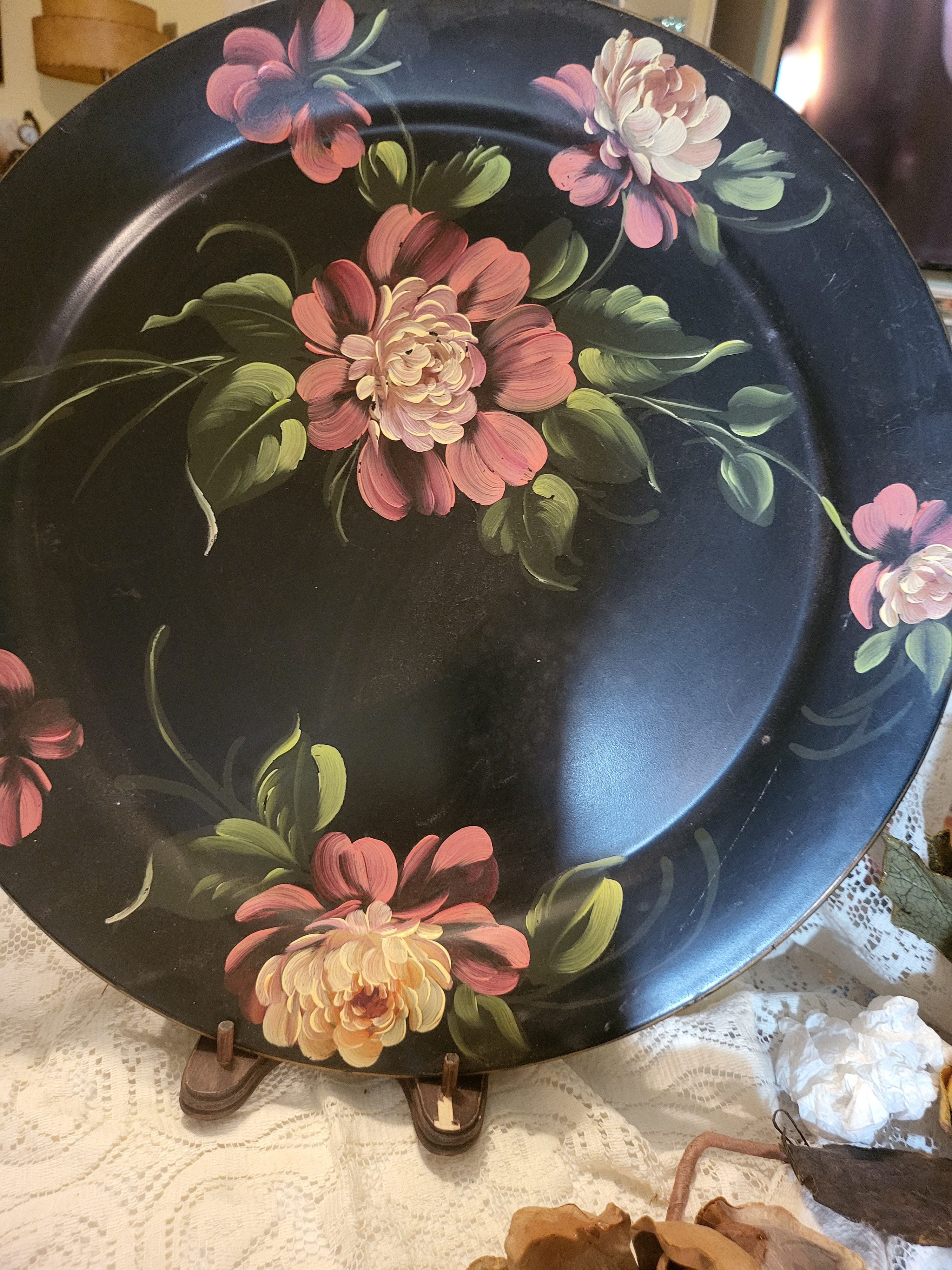 Vintage Round Hand-Painted Floral Toleware Tray