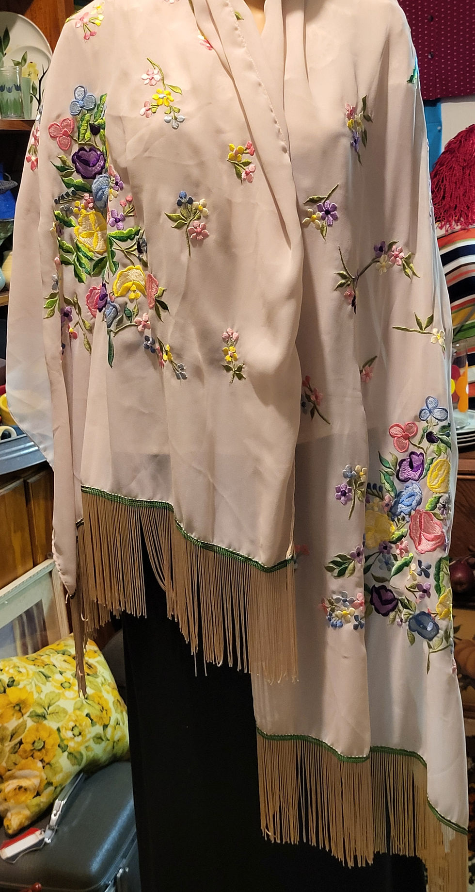Thumbnail: Vintage Exquisite Manila Floral Embroidered Piano Shawl