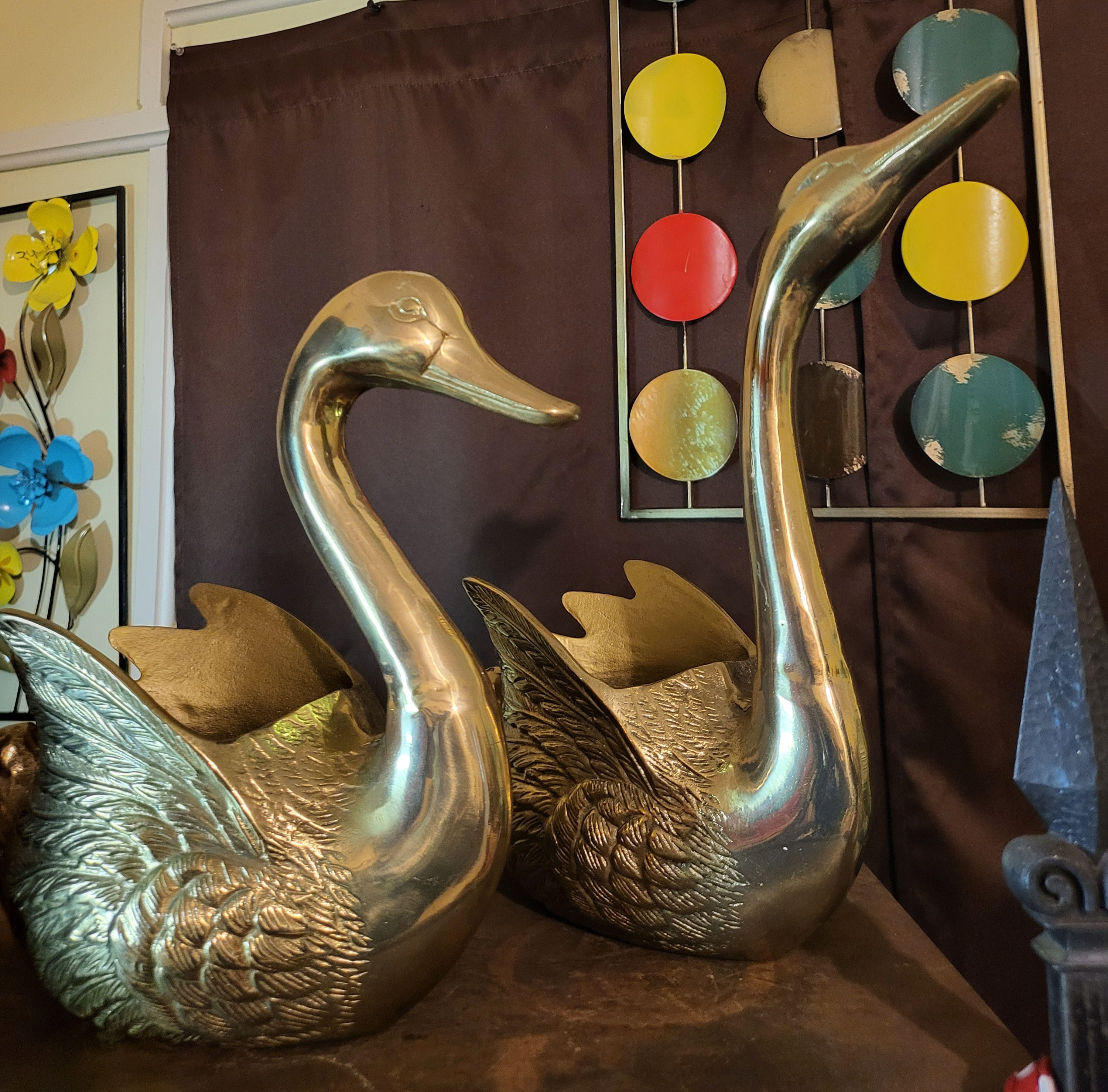 Retro Brass Swan Planters/Pair