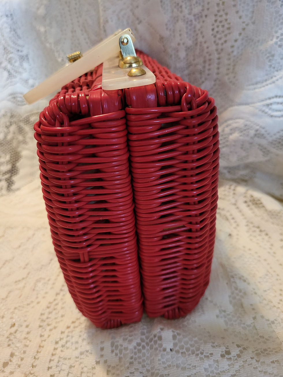 Thumbnail: Vintage Red Coated Wicker Handbag w/ Lucite Pearlized Handles