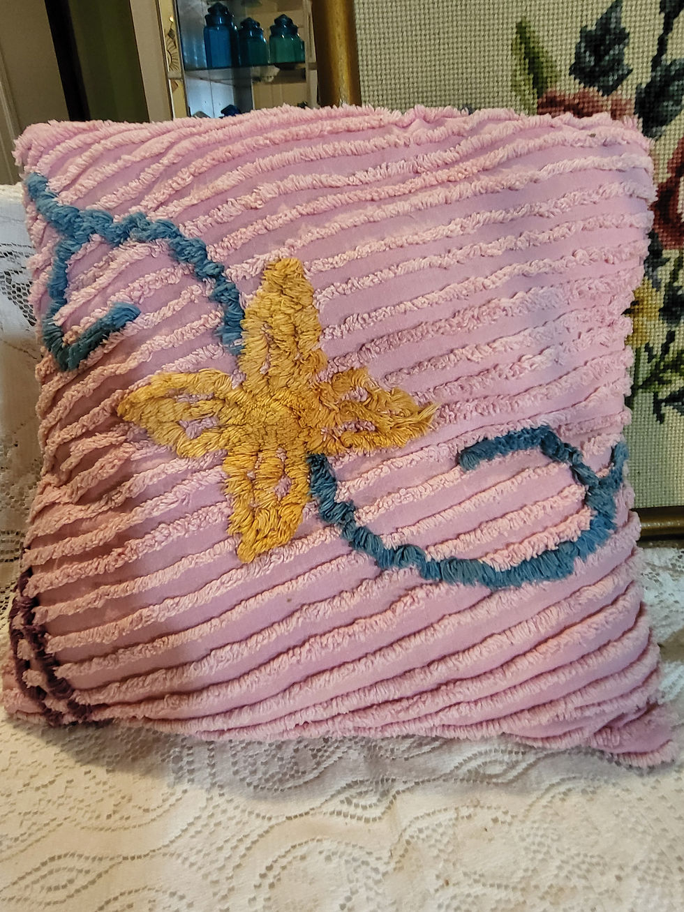 Thumbnail: Vintage Style Pink Chenille Throw Pillow