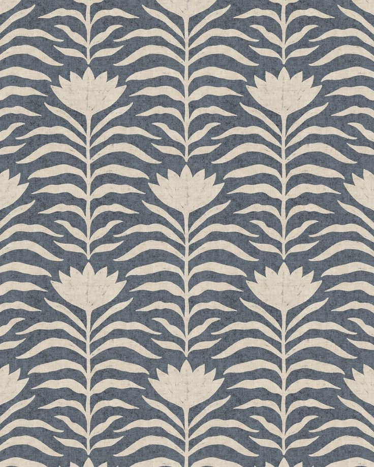 Muted Blue and Cream Boho Flowers and Leaves with Linen Texture - Wallpaper by Carly Morga