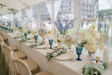 bud vases for wedding with blue and white flowers with delphinium, roses, hydrangea, lisianthus