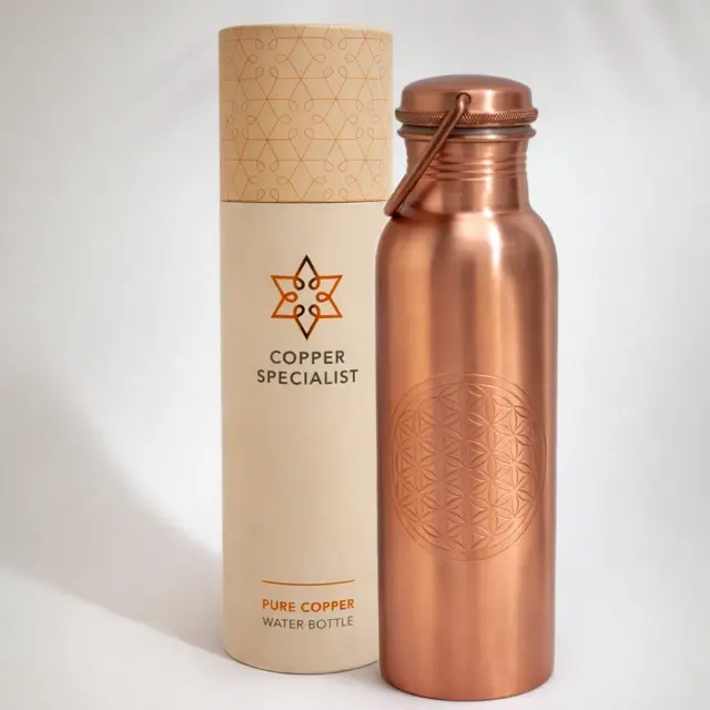 Pure Copper Water Bottle, Flower of Life, Matte, with Handle ±