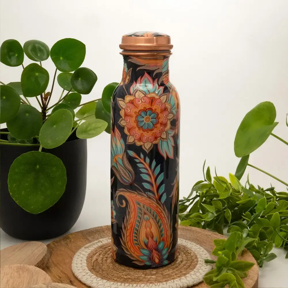 Pure Copper Water Bottle with Floral Print ± 750 Ml