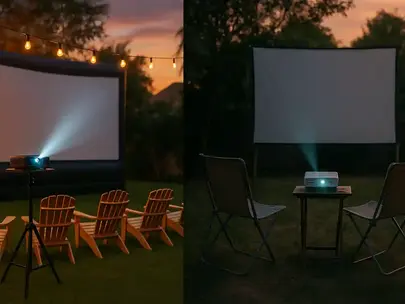    “Split-scene cinematic backyard movie night — left side shows a professional rental setup with a large inflatable screen, tripod-mounted projector, string lights, and neatly arranged Adirondack chairs on a lush lawn; right side shows a DIY home setup with a smaller screen, basic projector on a folding table, and simple metal chairs on patchy grass, under a warm sunset sky.”