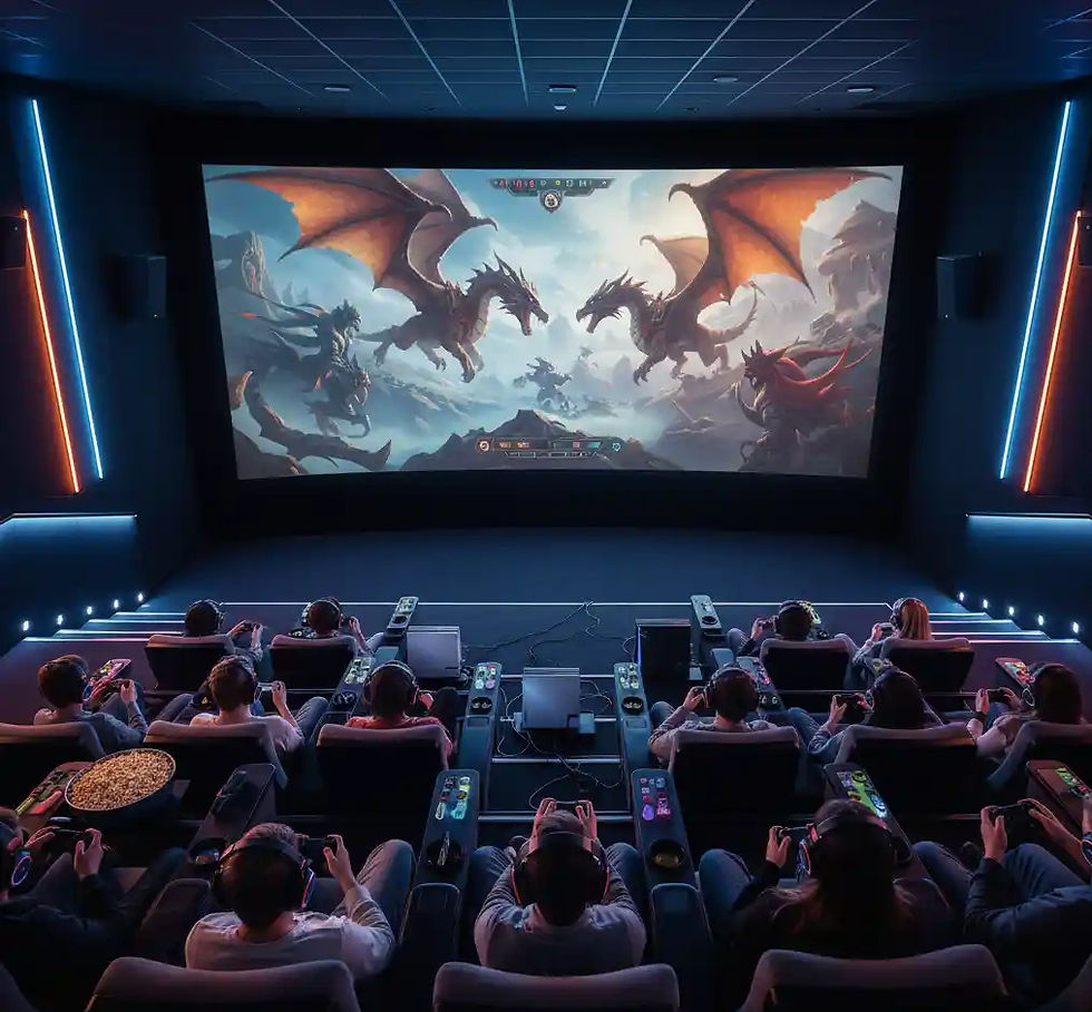 A speaker at a podium addresses an audience in a private movie theater, where a detailed graphical interface is overlaid on a gaming scene displayed on the large screen. The audience members appear to be gaming.