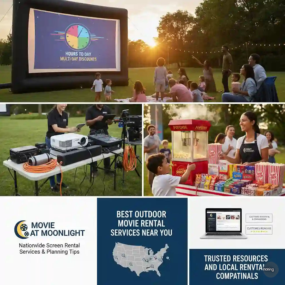 An inflatable outdoor movie screen displaying "Hours to Day, Multi-Day Discounts" with a family watching in a park at sunset.