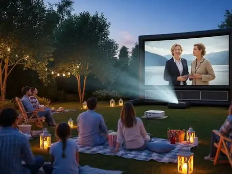 Backyard outdoor movie night with people sitting on blankets and chairs, watching a large inflatable movie screen projected by a portable projector, surrounded by lanterns and string lights under a starry evening sky.