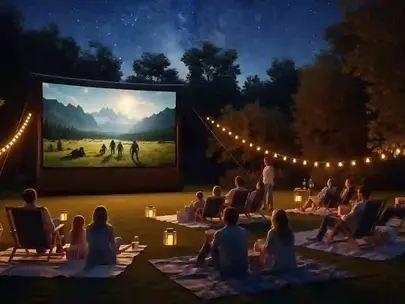 A cozy outdoor movie night set in a forest clearing, where families and friends sit on blankets and lounge chairs watching a film on a large inflatable screen. Soft lanterns and string lights illuminate the grassy area, while trees and a star-filled night sky create a warm, peaceful atmosphere.