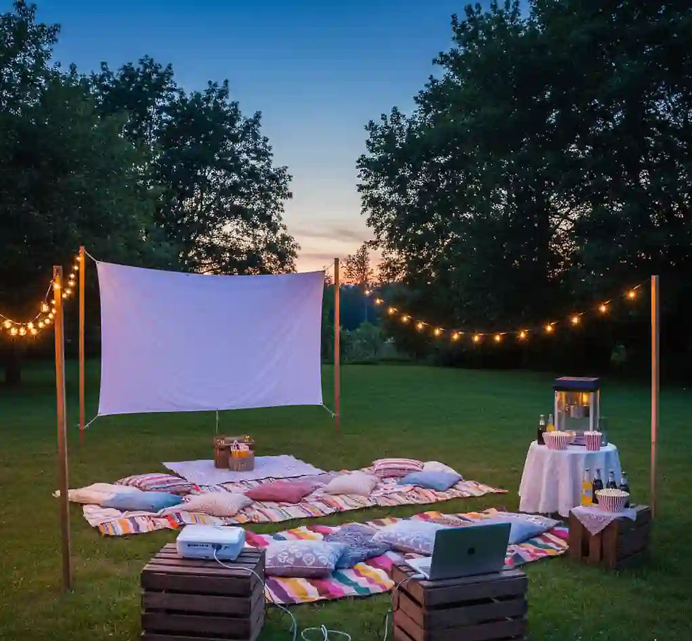 A cozy DIY backyard movie setup at dusk with a white screen, string lights, colorful blankets and pillows, a projector, and popcorn.