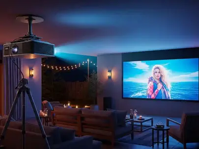 Modern outdoor home theater setup at night with a large projection screen displaying a vibrant movie scene, a ceiling-mounted projector on a tripod, comfortable outdoor seating with cushions, ambient string lights, candles, and potted plants creating a cozy cinematic atmosphere.