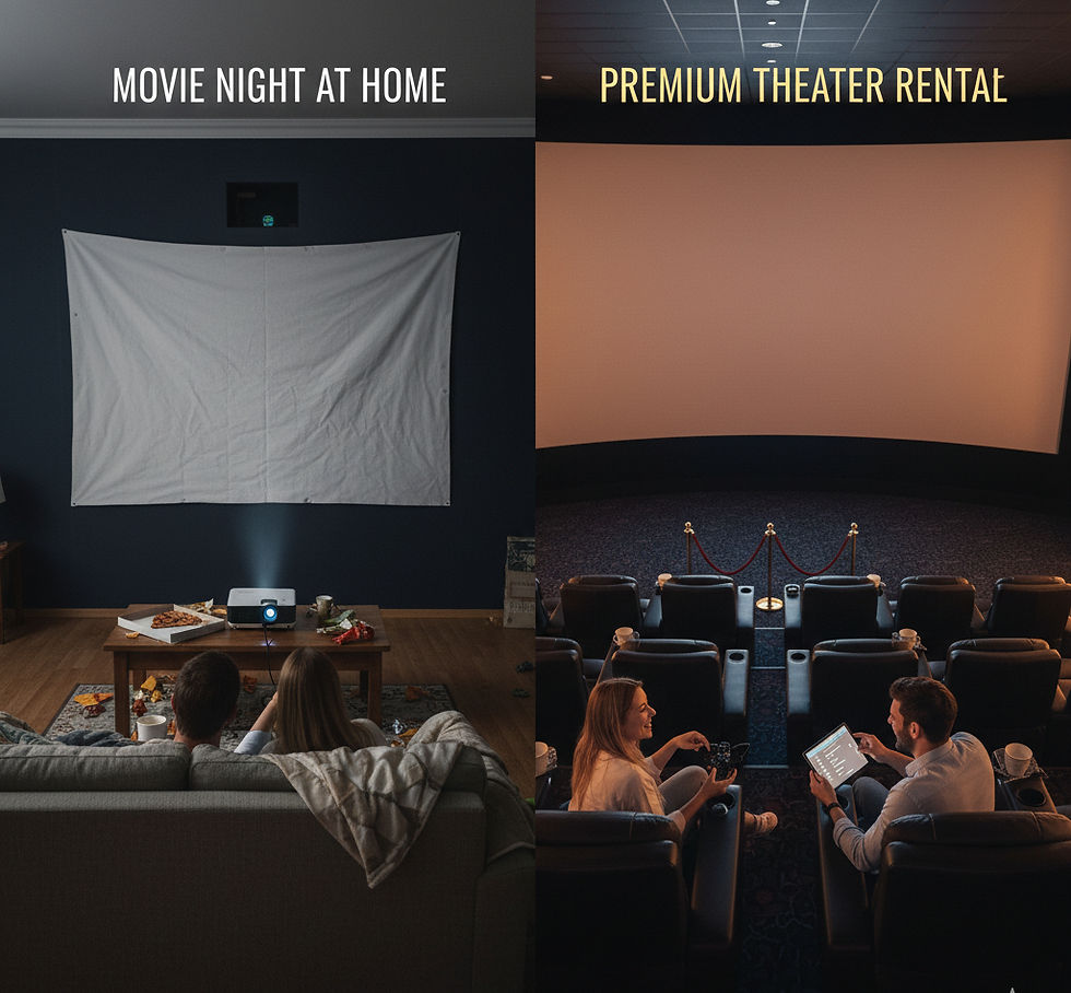  A split image comparing "MOVIE NIGHT AT HOME" on the left, showing a couple watching a projector on a sheet, and "PREMIUM THEATER RENTAL" on the right, showing a couple in a luxurious private movie theater.
