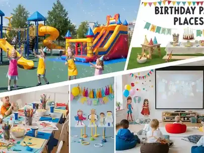 Children enjoying birthday party activities including playground fun, inflatable bounce house, indoor games, arts and crafts, and a kids movie screening at a birthday party venue.