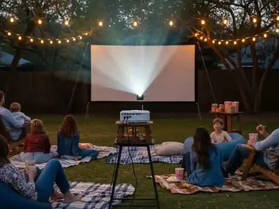 Family and friends enjoying an outdoor backyard movie night with a projector and large screen, sitting on blankets under string lights in the evening.