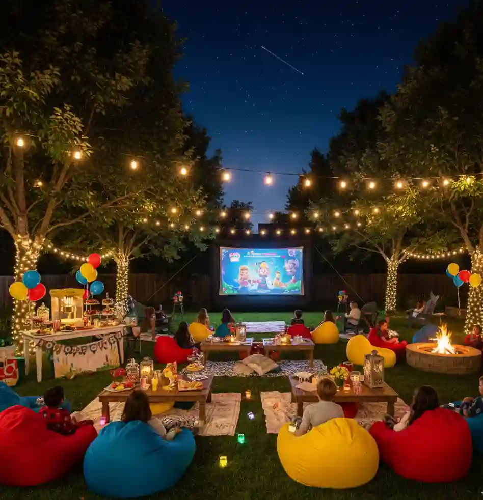  A beautifully decorated backyard at night, transformed into an outdoor party venue with string lights, colorful balloons, a large inflatable movie screen showing an animated film, and multiple seating areas with bean bags and low tables. A fire pit adds warmth and ambiance.