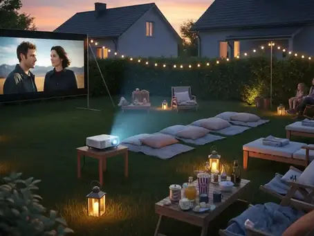 Backyard outdoor movie night setup with a projector and large movie screen, cozy seating with cushions and lawn chairs, string lights, lanterns, and a family watching a movie under the stars at home.
