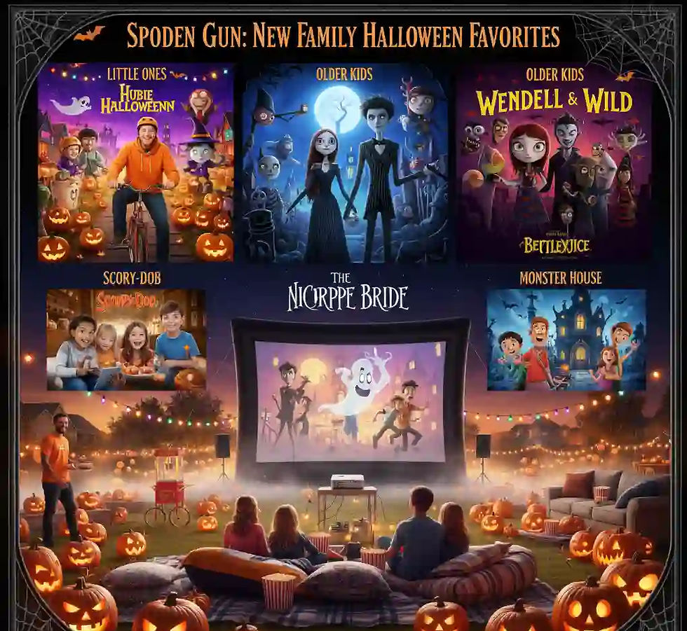 A collage of movie posters for family Halloween films and an image of a family enjoying an outdoor movie night.