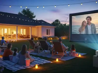 Family and friends enjoying an outdoor movie night in a backyard with an inflatable movie screen, projector, cozy blankets, deck chairs, string lights, and popcorn under a starry evening sky.