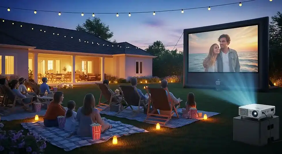 Family and friends enjoying an outdoor movie night in a backyard with an inflatable movie screen, projector, cozy blankets, deck chairs, string lights, and popcorn under a starry evening sky.