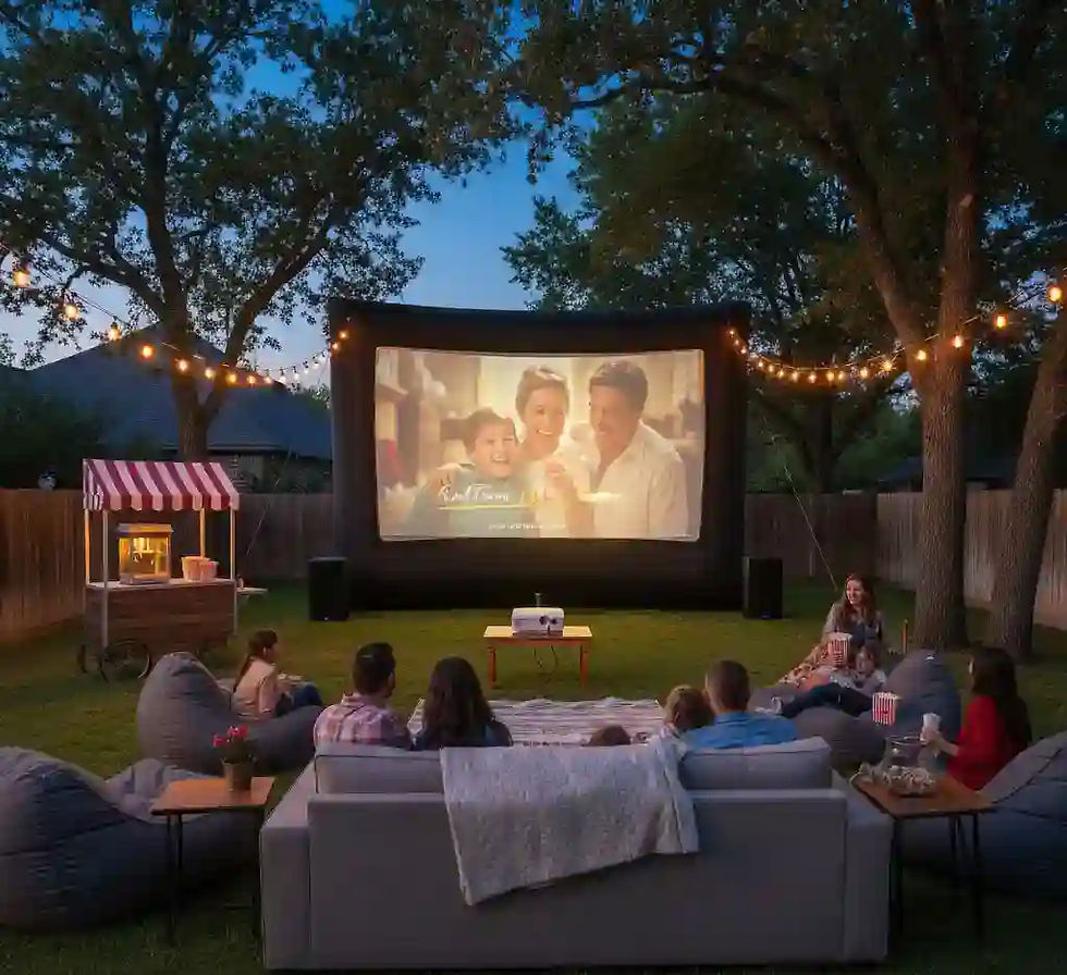 A group of people sitting on bean bags and a sofa in a backyard watching a movie on a large inflatable screen at dusk