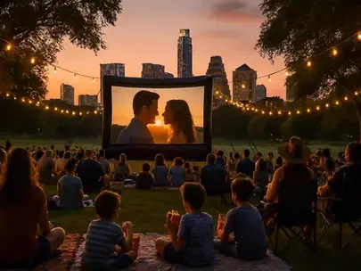 Outdoor movie night in a park in Austin, Texas at sunset, with a large inflatable screen showing a film, families and friends seated on blankets and lawn chairs, warm string lights hanging between trees, Austin skyline silhouetted in the background, people enjoying popcorn, relaxed summer evening ambiance with cinematic lighting.