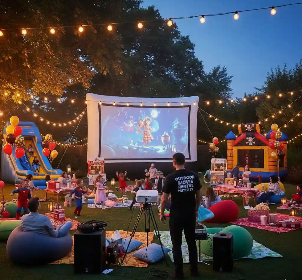 Professional rental services ensure a flawless outdoor movie night setup, complete with bounce houses and other party enhancements for a truly memorable event
