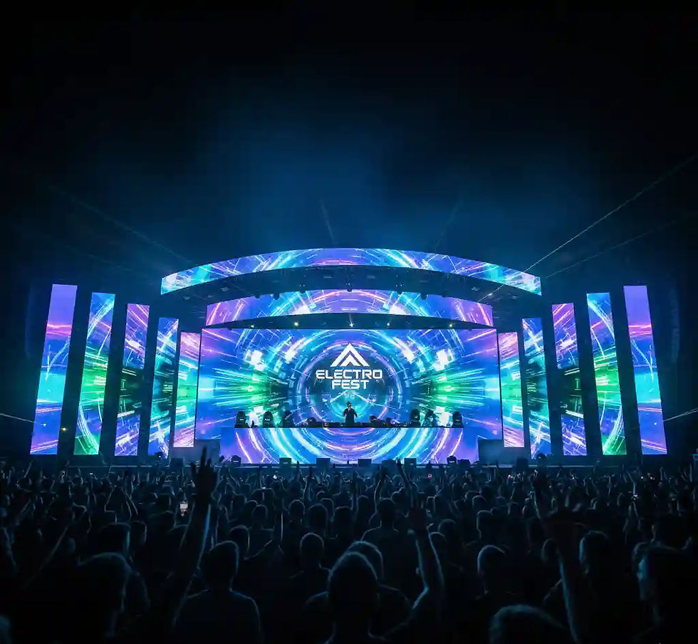 A large outdoor music festival stage illuminated by vibrant LED video panels displaying dynamic abstract graphics and a festival logo, with a massive crowd silhouetted in the foreground.